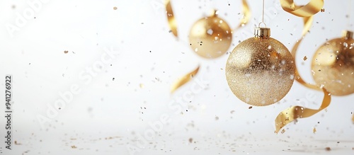 Golden Christmas ornaments with ribbons and confetti on a white background photo