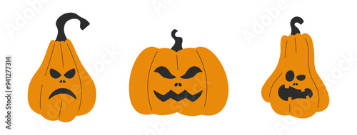 Horrific pumpkins for the Halloween holiday. Jack O'Lantern with evil face and eyes isolated against a transparent background.