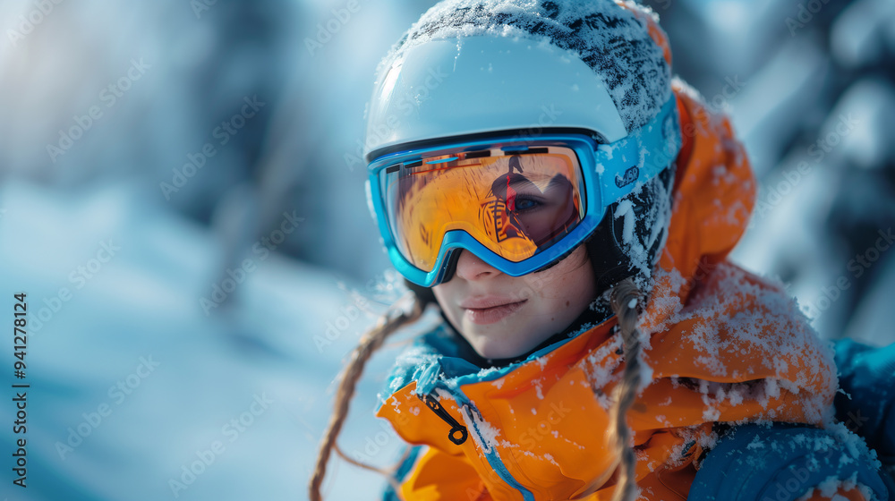 Sunny Winter Day Happy Woman Skier with Ski Goggles and Helmet Sunny Winter Day Happy Woman Skier with Ski Goggles and Helmet