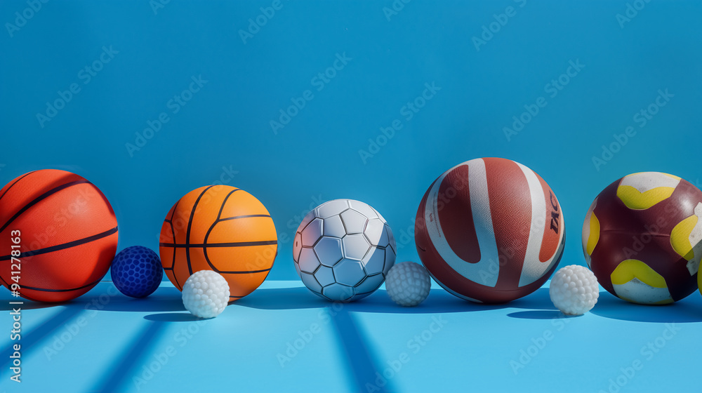 Playful Arrangement of Assorted Sports Balls on Blue Playful Arrangement of Assorted Sports Balls on Blue