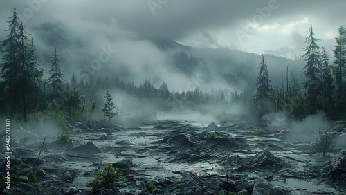 Ancient Chinese battlefield shrouded in mist with towering mountains in the background.