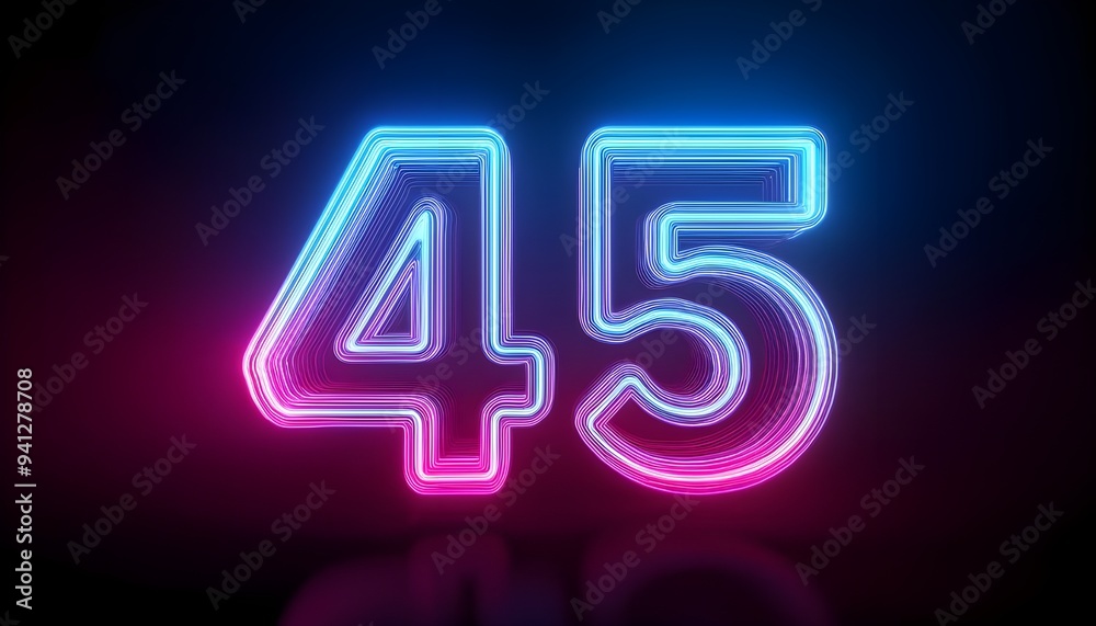 3d neon light number 45 glowing in the dark, pink blue neon light	