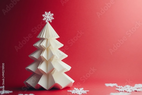 Minimalist white paper Christmas tree with a snowflake topper on a red background photo