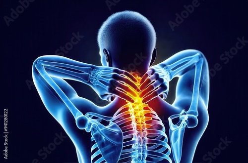 3D illustration of a person holding their neck with highlighted cervical vertebrae showing pain