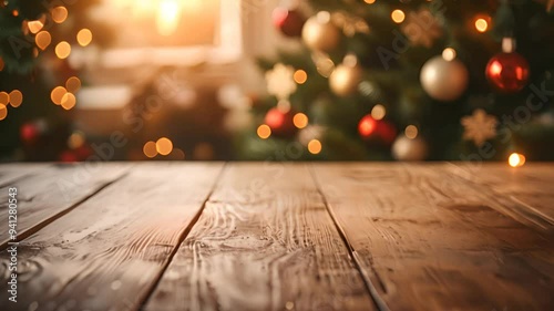 Christmas background of an empty tabletop with a Christmas tree and sparkling bokeh lights in the background.