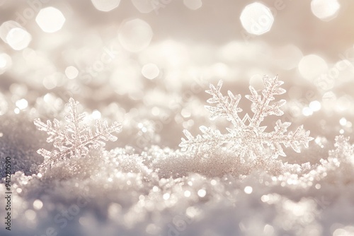 Sparkling snowflakes resting on glistening snow with a soft bokeh background photo