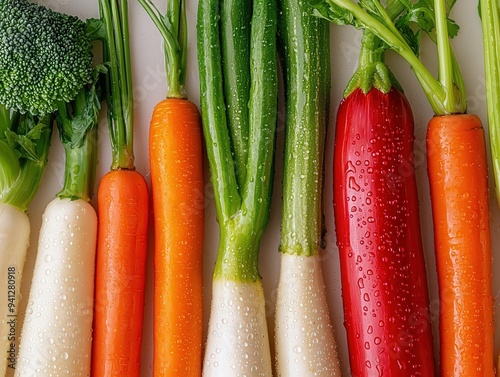 A series of vegetables laid out to dry on a kitchen counter after a thorough soak to eliminate pesticides, with droplets of water glistening on the surfaces under warm light