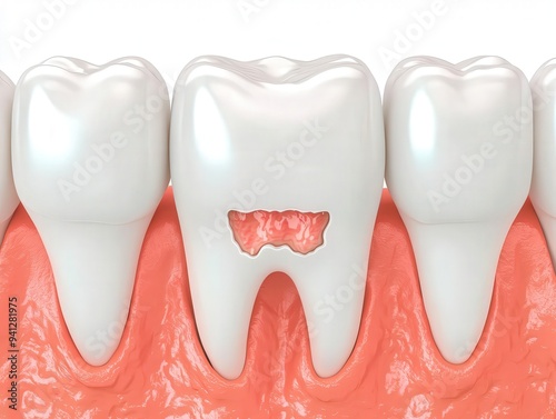 A digital illustration of a white molar with a prominent cavity, surrounded by inflamed gum tissue, emphasizing the connection between dental decay and inflammation