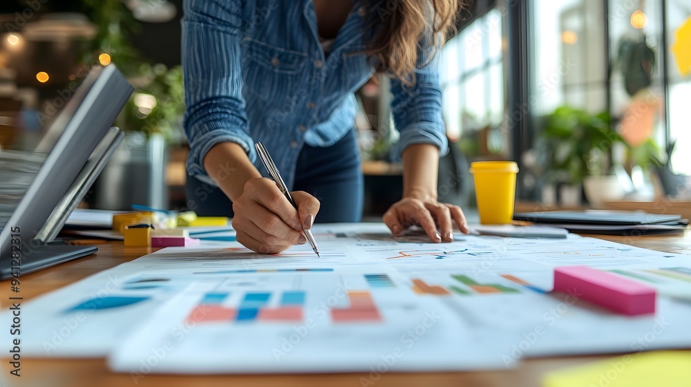 5. A professional office worker reviewing a project plan with detailed charts and notes 5. A professional office worker reviewing a project plan with detailed charts and notes