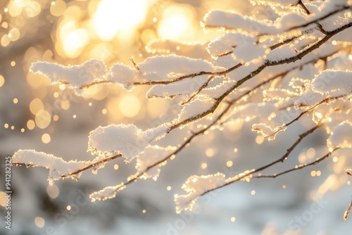 Snow-covered branches glistening in the golden light of sunrise with soft bokeh in the background photo