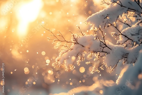 Snow-covered branches glistening in the golden light of sunrise with soft bokeh in the background photo