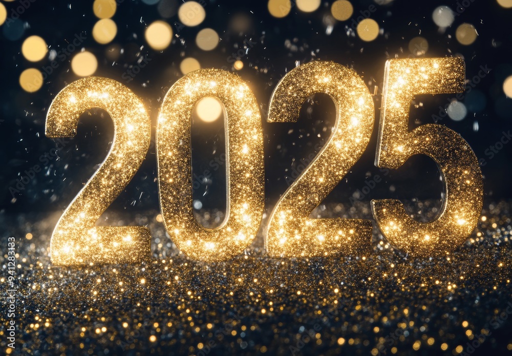 A blue gold backdrop with the Happy New Year logo of 2025 A blue gold backdrop with the Happy New Year logo of 2025