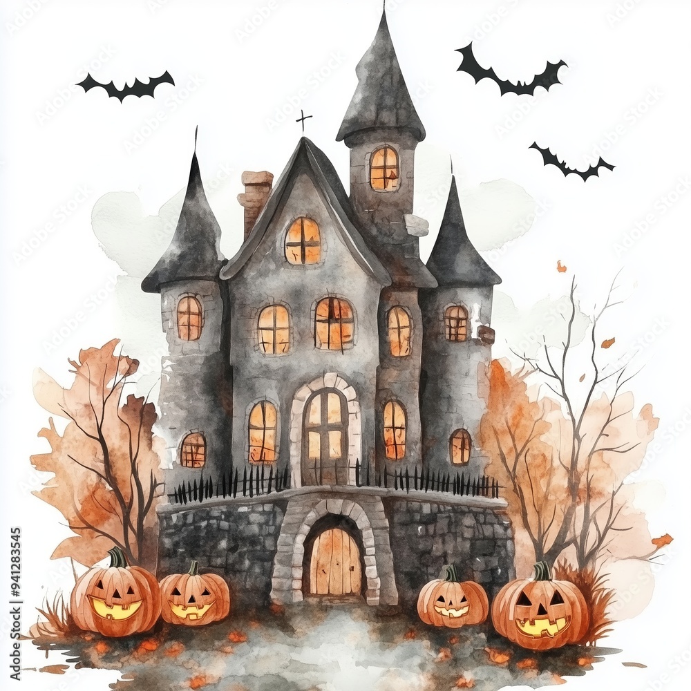Ancient castle with bats and jack-o-lantern, children's illustration for Halloween Ancient castle with bats and jack-o-lantern, children's illustration for Halloween