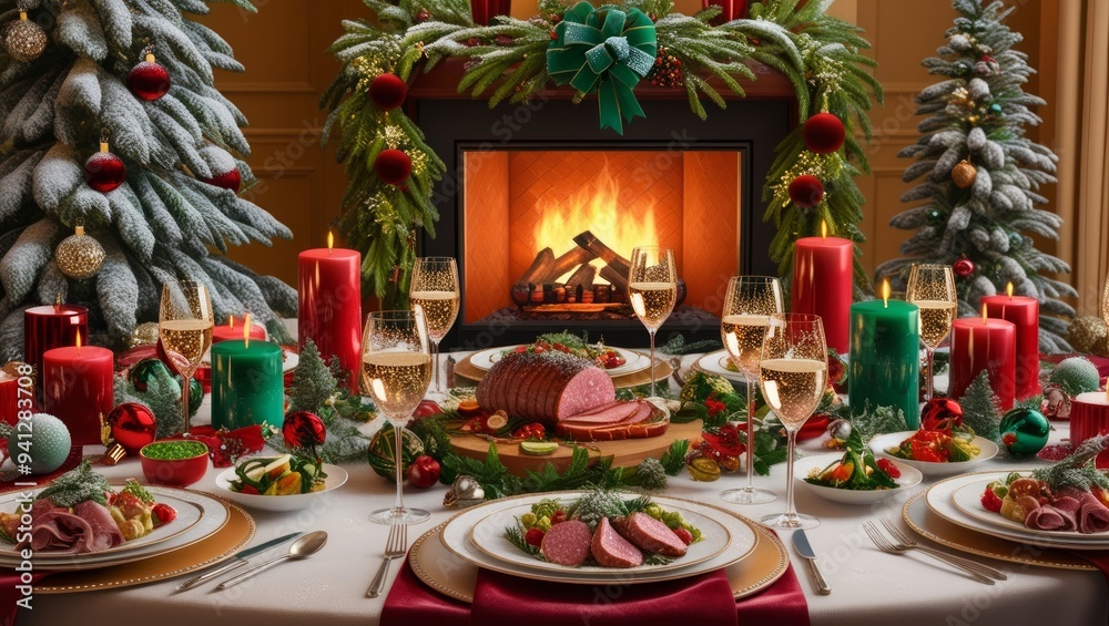 Festive table set for Christmas dinner,holiday decorations,fireplace,Christmas tree Festive table set for Christmas dinner,holiday decorations,fireplace,Christmas tree