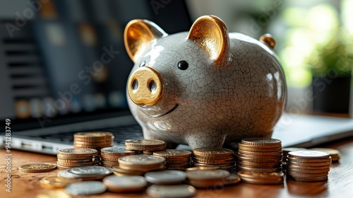 A white piggy bank on a laptop with a pile of coins and glasses. The concept of financial planning