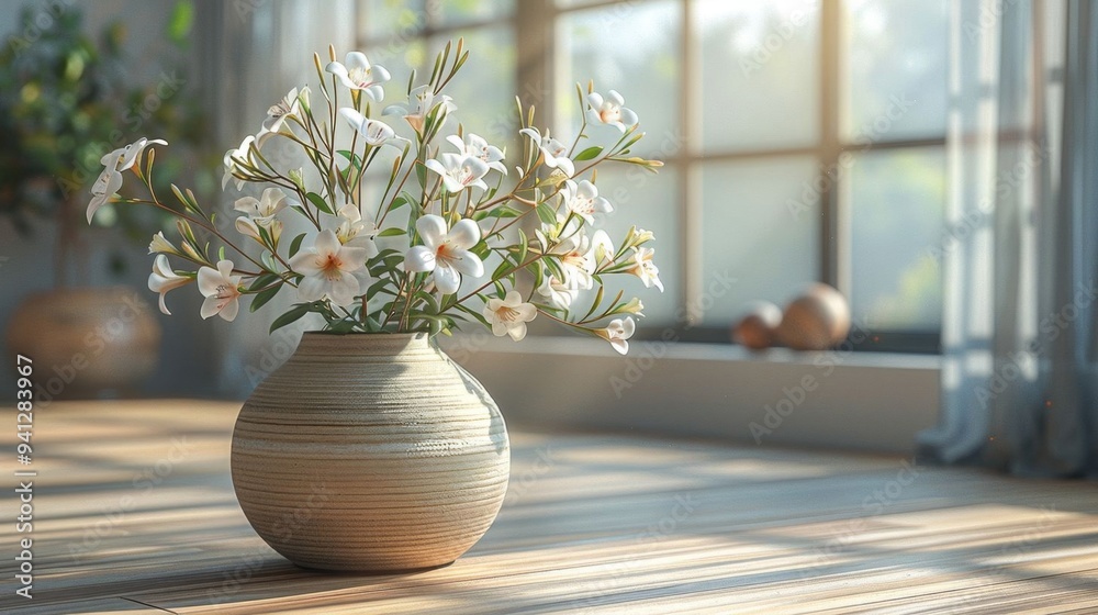 A vase filled with beautiful oleanders placed in a bright room, filling the space with elegance and tranquility. A vase filled with beautiful oleanders placed in a bright room, filling the space with elegance and tranquility.
