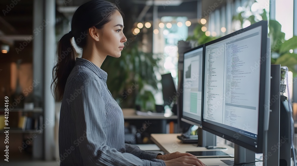 © Obee - 9. An office worker using a standing desk, focused on a computer screen with multiple windows open © Obee - 9. An office worker using a standing desk, focused on a computer screen with multiple windows open