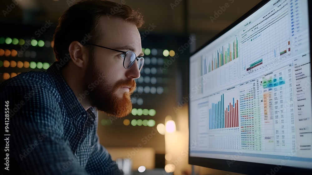 19. A focused office worker reviewing complex spreadsheets on a high-resolution monitor 19. A focused office worker reviewing complex spreadsheets on a high-resolution monitor