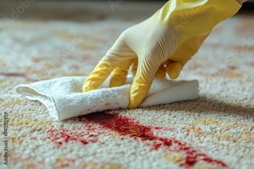 A woman scrubbing a bloodstain on the carpet photo