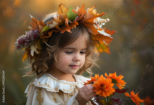 Adorable little girl wearing a floral autumn crown, surrounded by fall foliage, capturing the innocence and beauty of childhood in autumn. photo