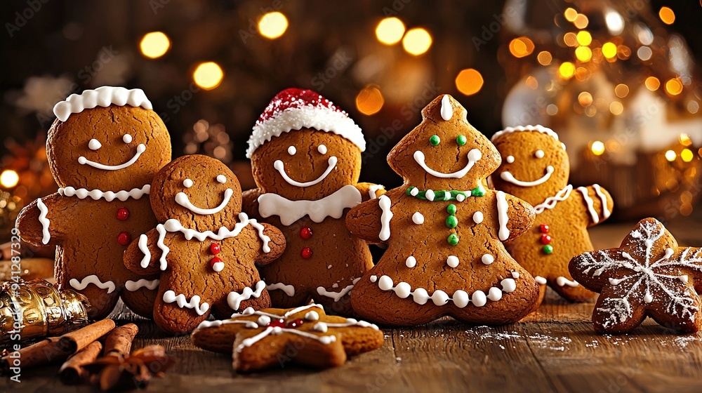 A group of gingerbreads rests on a wooden table beside a pile of gingerbreads A group of gingerbreads rests on a wooden table beside a pile of gingerbreads