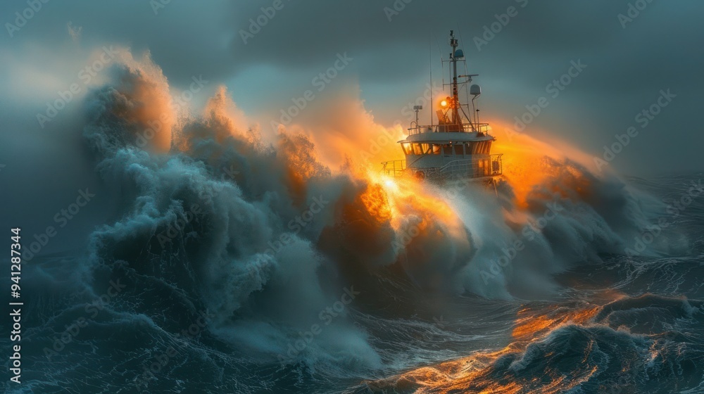 Fototapeta premium A stormy sea with a ship battling the waves, captured with dramatic motion and lighting