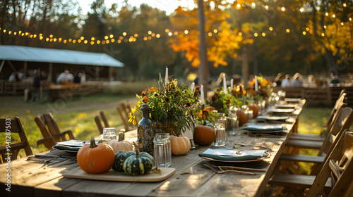 Outdoor Thanksgiving celebration with a rustic farm-to-table setup, a long wooden table outdoors on a farm. photo