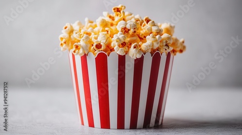 vibrant carnivalinspired popcorn bucket red and white stripes overflowing with golden kernels set against a stark white backdrop dramatic lighting photo