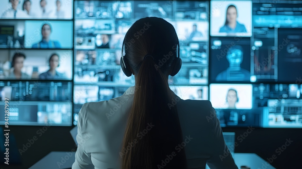 32. An office worker engaged in a video conference call with a large screen showing remote participants 32. An office worker engaged in a video conference call with a large screen showing remote participants