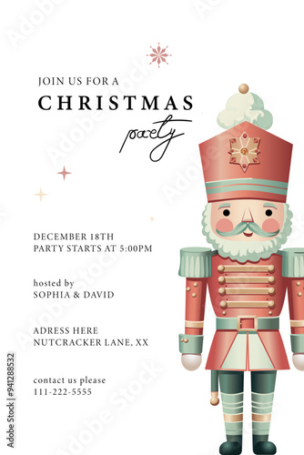 Christmas party invitation card. Nutcracker design for cover, banner, poster on white background, vector illustration.