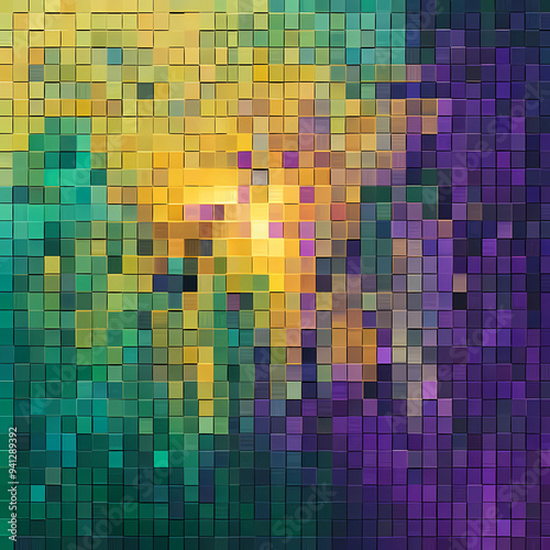 Abstract purple, green, and yellow mosaic pixel pattern