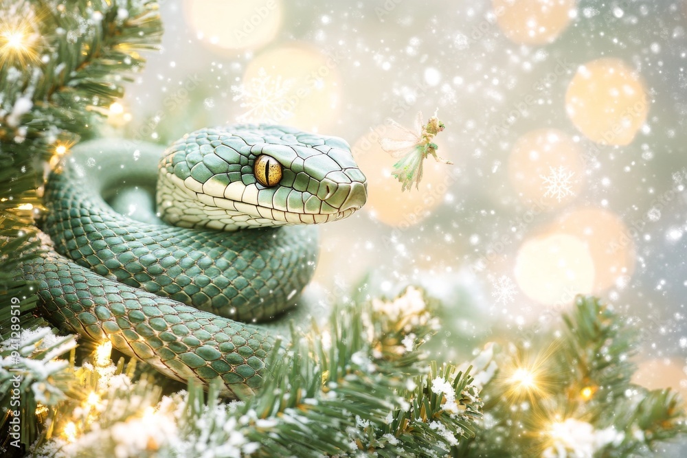 The snake is coiled around a branch covered in snow, surrounded by festive lights and snowflakes, symbolizing the new year 2025.