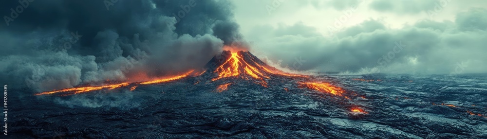 Lava flowing from a volcano, ash and smoke billowing, 3D animation Lava flowing from a volcano, ash and smoke billowing, 3D animation