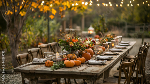 Outdoor Thanksgiving celebration with a rustic farm-to-table setup, a long wooden table outdoors on a farm.