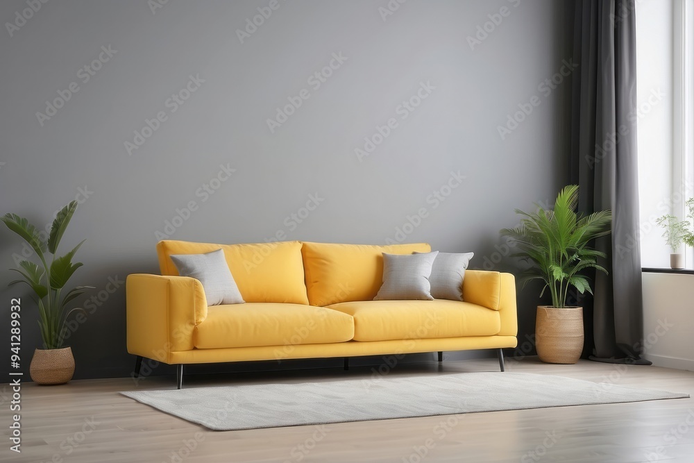 Fototapeta premium Yellow Sofa in a Modern Living Room with Grey Walls