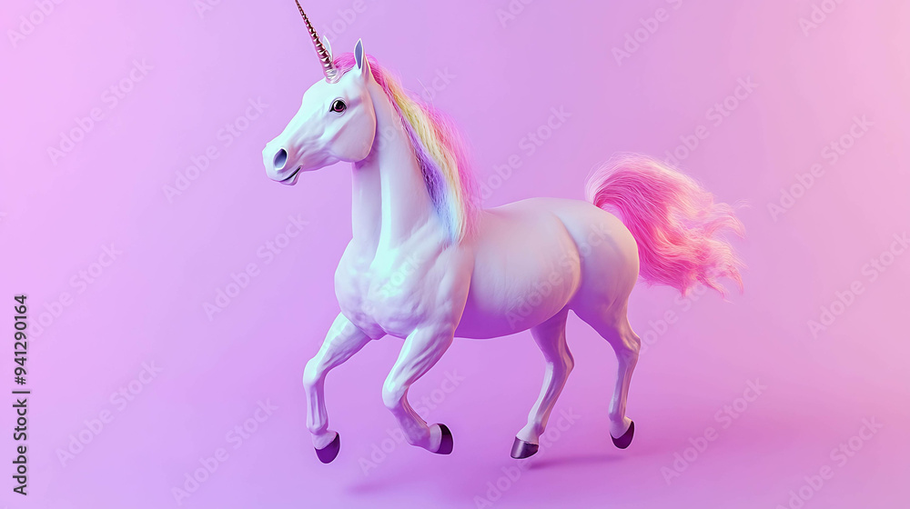A white unicorn with rainbow mane and pink tail galloping across a pink background. A white unicorn with rainbow mane and pink tail galloping across a pink background.