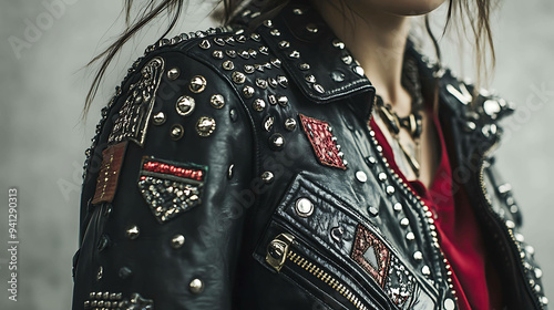 Close up of a black leather jacket with silver studs and patches. photo