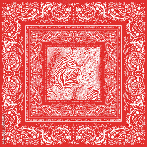 Bandana Paisley, Handkerchief Design Template with slogan and animal texture Vector Background