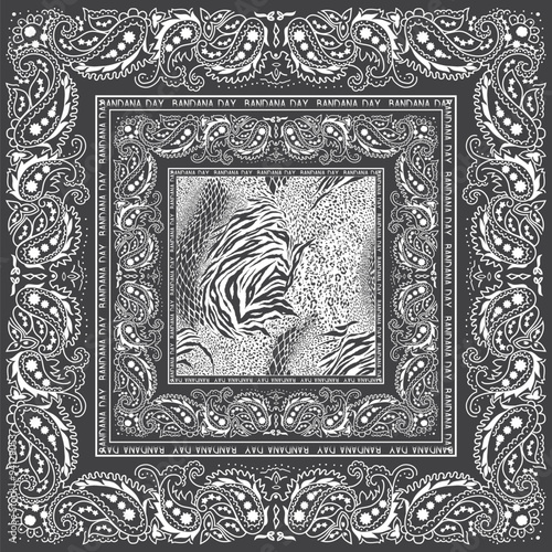 Bandana Paisley, Handkerchief Design Template with slogan and animal texture Vector Background