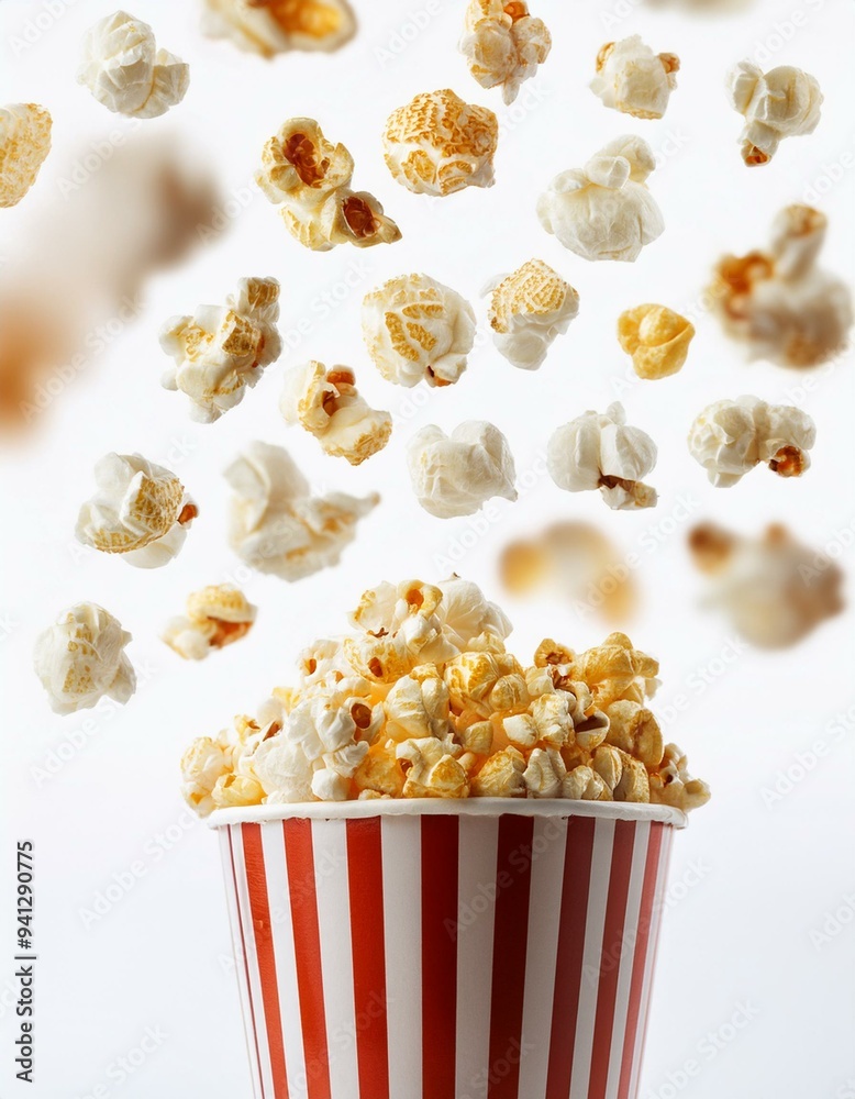 Popcorn flying from red and white striped container, isolated on white background. Popcorn flying from red and white striped container, isolated on white background.