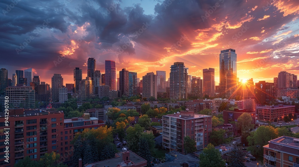 Obraz premium Urban skyline at sunset, with dramatic lighting casting long shadows and highlighting building contours