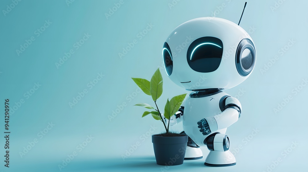 Cute robot holding small plant, pale blue background, futuristic eco-friendly concept, white android figurine, green leaves in pot, soft lighting, AI and nature harmony. Cute robot holding small plant, pale blue background, futuristic eco-friendly concept, white android figurine, green leaves in pot, soft lighting, AI and nature harmony.