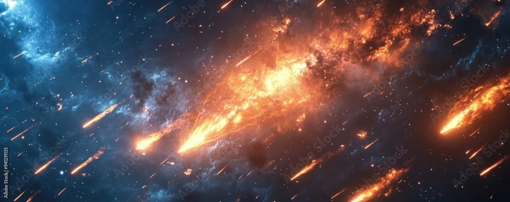 Meteor shower across a starlit sky, meteors burning up on entry, 3D animation