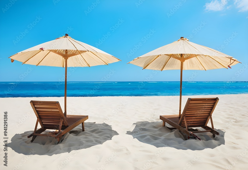 Two parasol umbrellas casting the shadow over the two wooden lounge chairs, on an empty sunny sand beach near the blue ocean or sea water Ideal for Sun Protection on Holiday. 