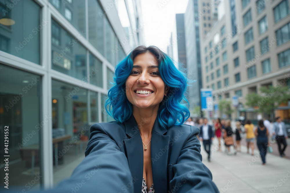 Confident Gay Employee with Blue Hair Takes Selfie in Financial District: Pride Month & Diversity in Business Confident Gay Employee with Blue Hair Takes Selfie in Financial District: Pride Month & Diversity in Business