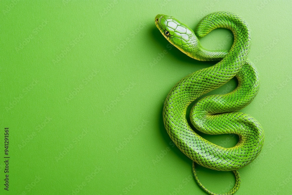 Fototapeta premium The New Year 2025. Snake on green background. Copy space.