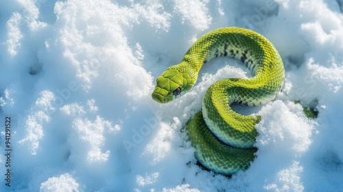 An image of a green snake slithering across snow, symbolizing the New Year 2025 according to the Chinese calendar. A contrast between lush snow and the snake's vibrant color creates a festive, photo