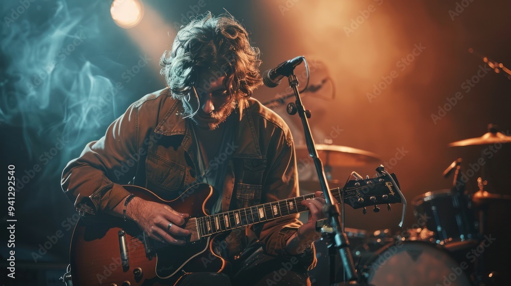 Fototapeta premium Musician playing an instrument on a dimly lit stage, captured with moody, cinematic lighting