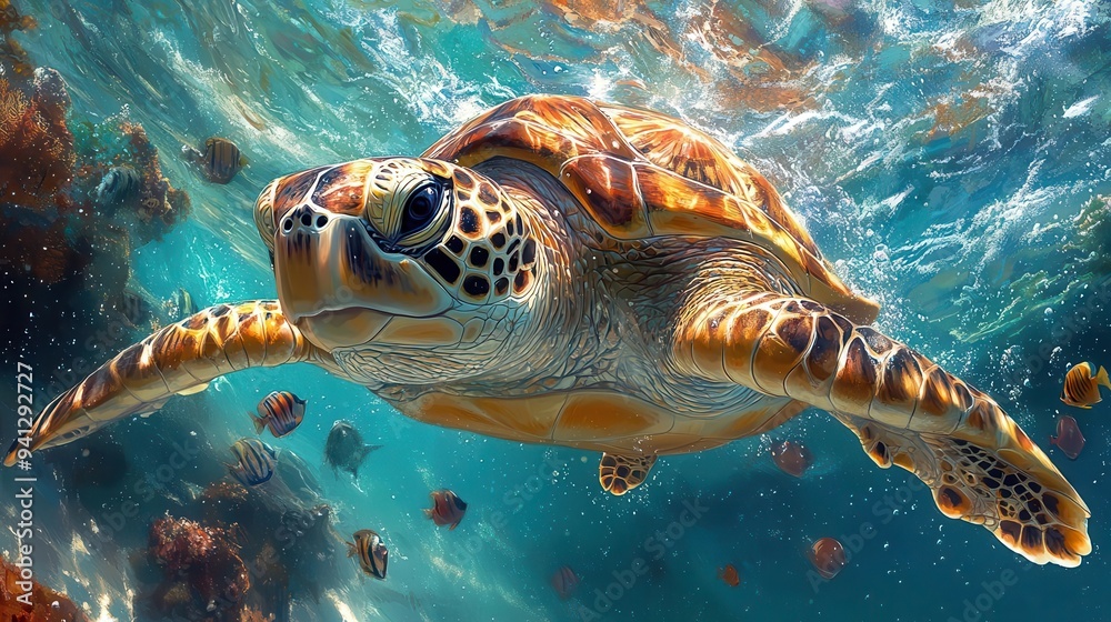 Fototapeta premium vibrant underwater scene majestic sea turtle gliding through crystalclear waters surrounded by a kaleidoscope of tropical fish and vibrant coral formations