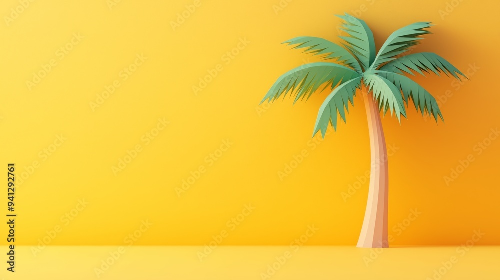 A vibrant palm tree stands alone against a bright yellow background, 3d illustration. A vibrant palm tree stands alone against a bright yellow background, 3d illustration.